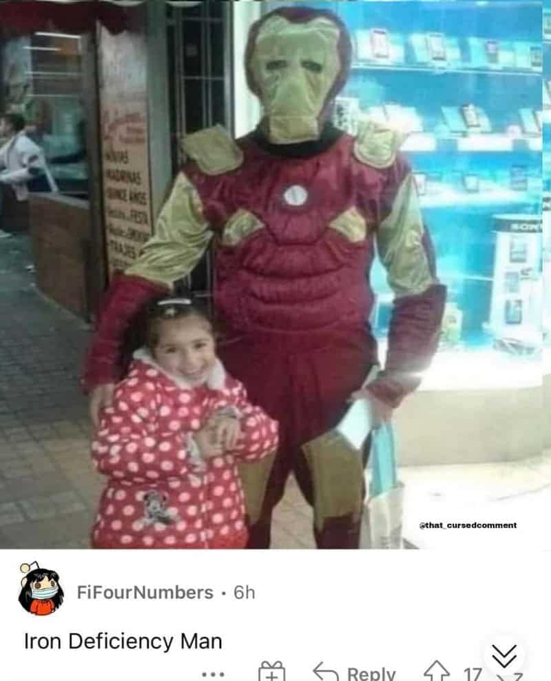 Saggy, poorly fitting Iron Man street cosplay posing with a child paired with a funny comment labeling him Iron Deficiency Man.