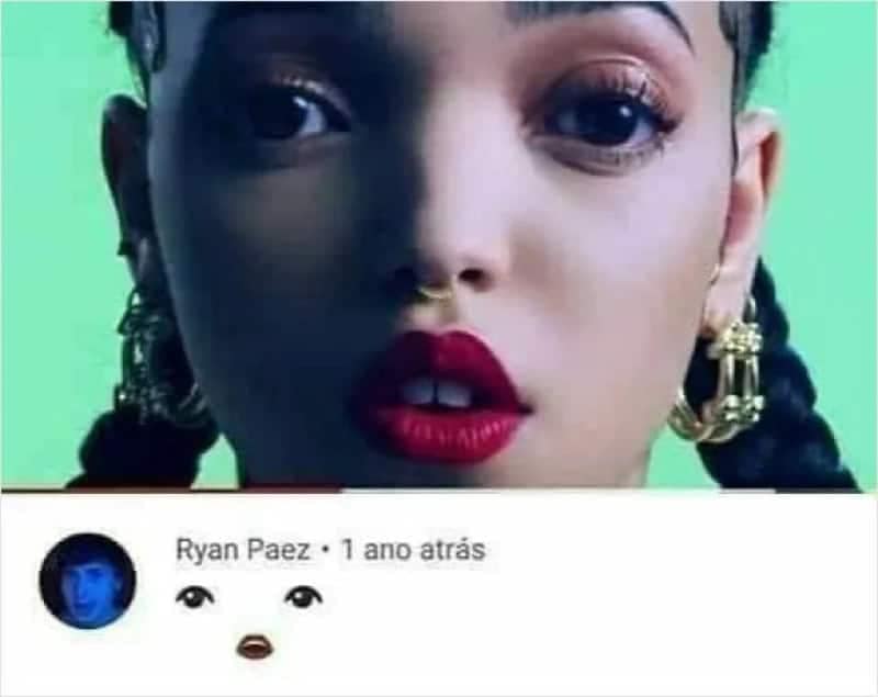 Close-up frame of singer FKA Twigs paired with a funny comment recreating her eyes and lips using text emojis.