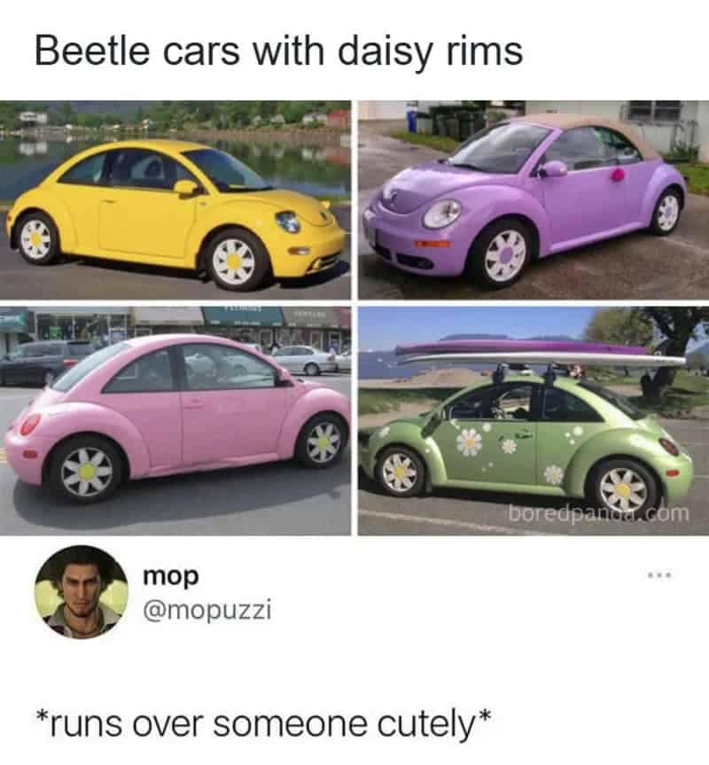 Photo collage of colorful Volkswagen Beetles with flower rims paired with a satirical funny comment about running people over cutely.