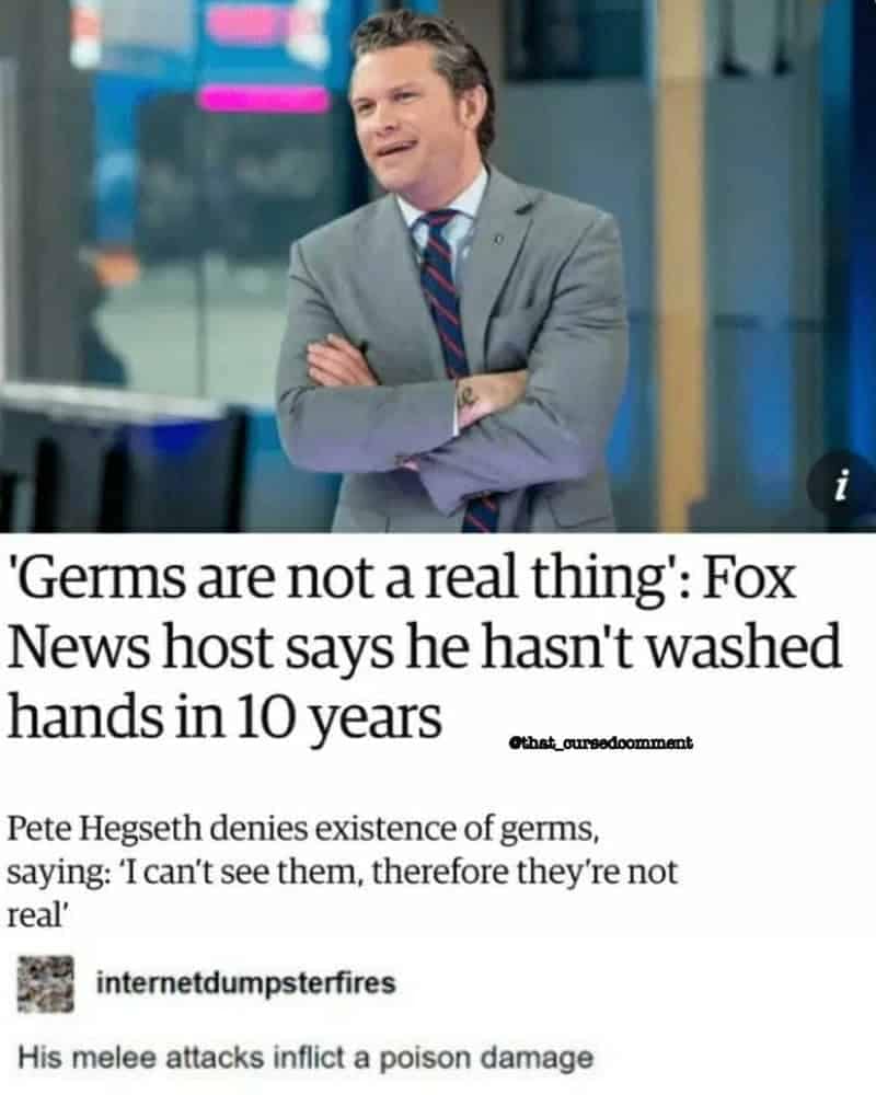 News headline about a TV host refusing to wash his hands paired with a gaming funny comment about poison melee damage stats.