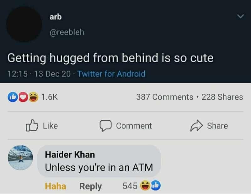 Wholesome social media post about hugs from behind paired with a funny comment warning about ATM muggings.