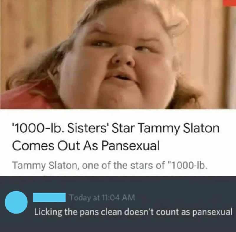 Celebrity news headline about reality TV stars paired with a dark, punny funny comment regarding pansexual cookware jokes.