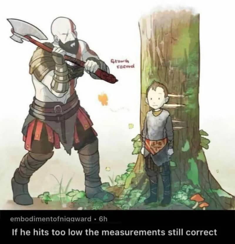 God of War fan art of Kratos lining up his Leviathan Axe to mark Atreus's height on a tree paired with a dark funny comment.