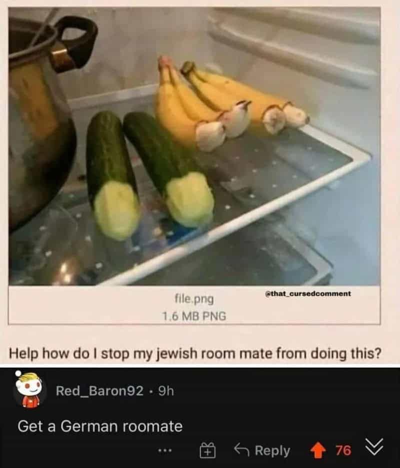 Refrigerator shelf with trimmed cucumbers and peeled bananas resembling circumcision paired with a dark funny comment recommending a German roommate.