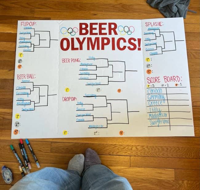 A hand-drawn Beer Olympics poster board organizing various funny drinking games for a house party.