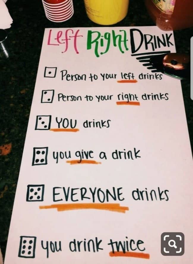 Handwritten rule sheet for a simple dice rolling party setup among funny drinking games.