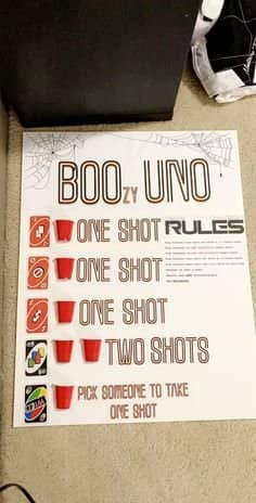 Custom poster detailing Boozy Uno rules as part of creative and funny drinking games.