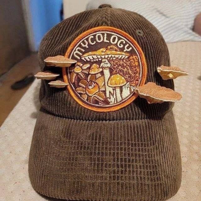Brown corduroy hat decorated with a Mycology patch surrounded by actual 3D mushroom shelf fungi sticking out from the front.