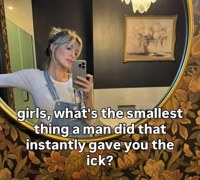 Woman taking a mirror selfie asking social media followers about tiny dating funny icks.