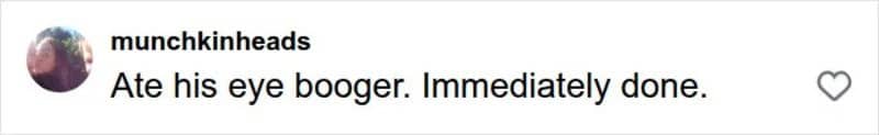 Social media comment describing a gross eating habit funny ick involving eye boogers.