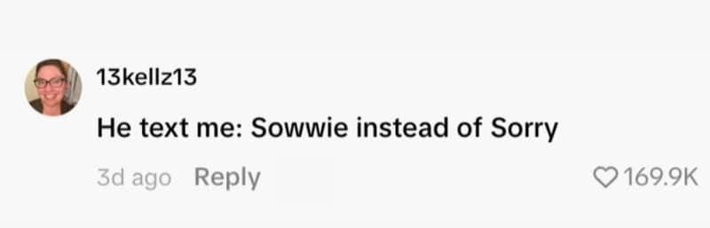 Social media reply sharing a messaging funny ick about texting sowwie instead of sorry.