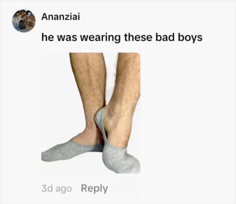 Comment displaying no-show footie socks as a major footwear funny ick for men.