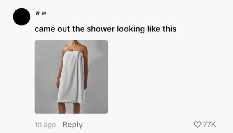 Social media comment showcasing a towel-wrapped body photo as a hilarious post-shower funny ick.