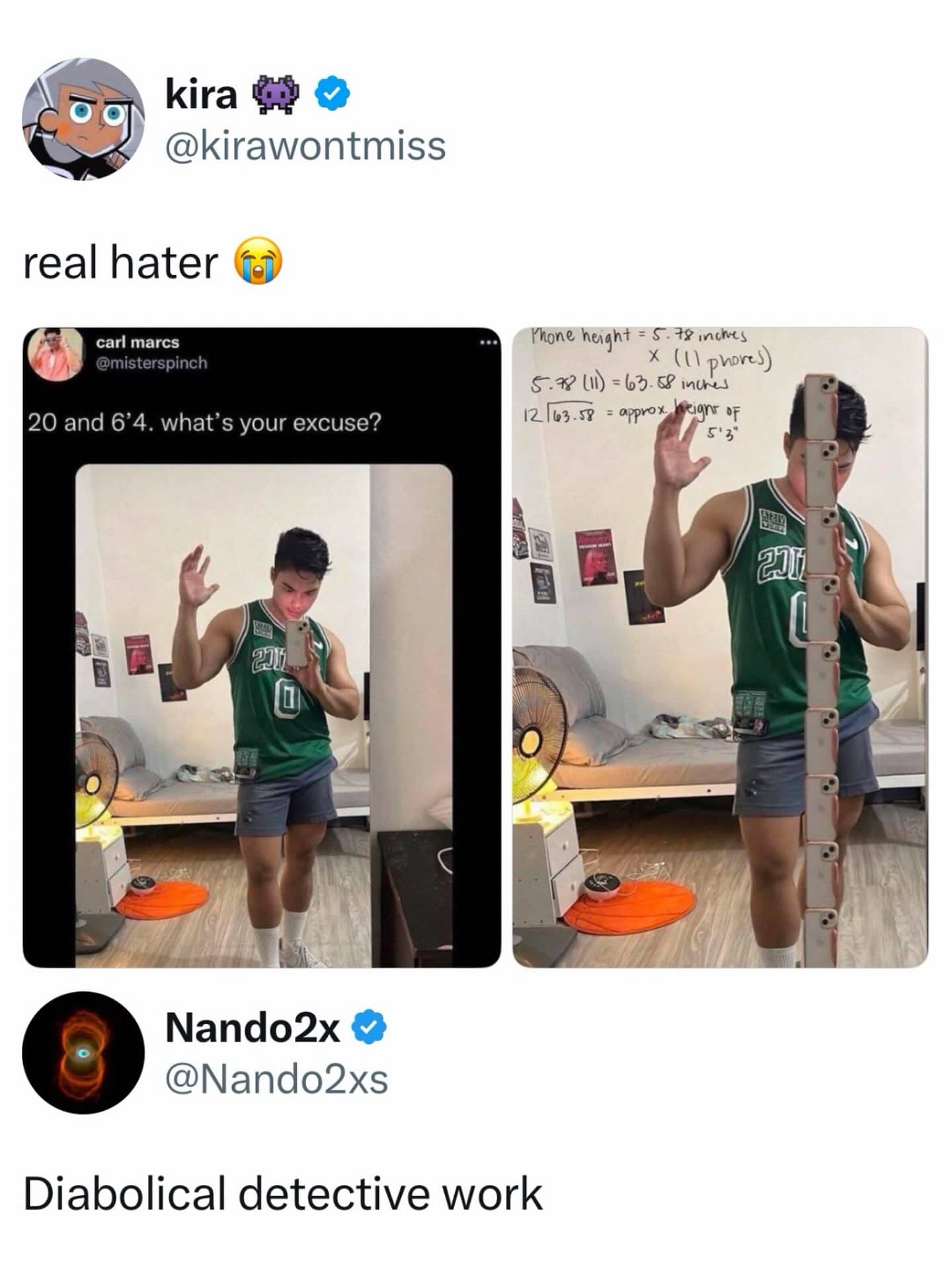 Funny social media meme showing math calculations debunking a guy claiming to be tall.