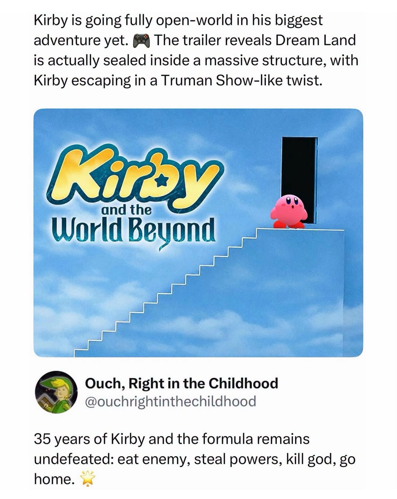 Funny memes fake open world Kirby game announcement featuring Truman Show style blue sky exit door.