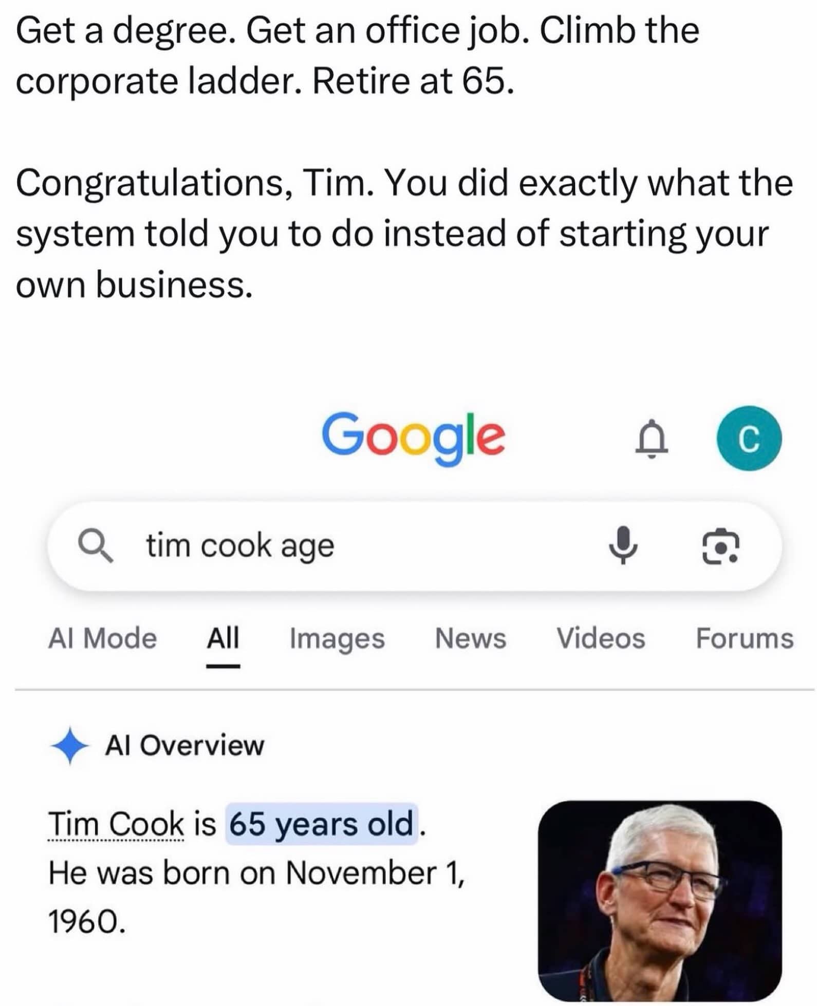 Google search result showing Apple CEO Tim Cook turning 65 years old funny meme.
