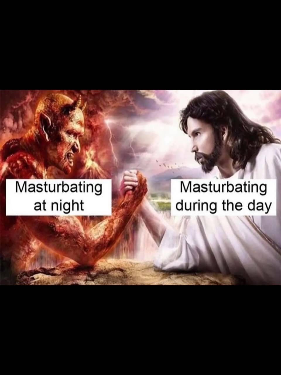 Arm wrestling illustration comparing day and night activities funny relatable meme format.