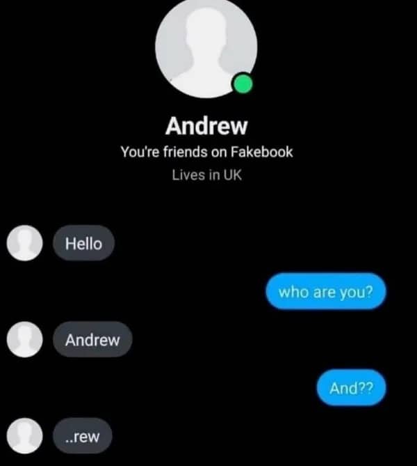 Funny memes chat transcript showing Andrew responding with rew when asked and what.