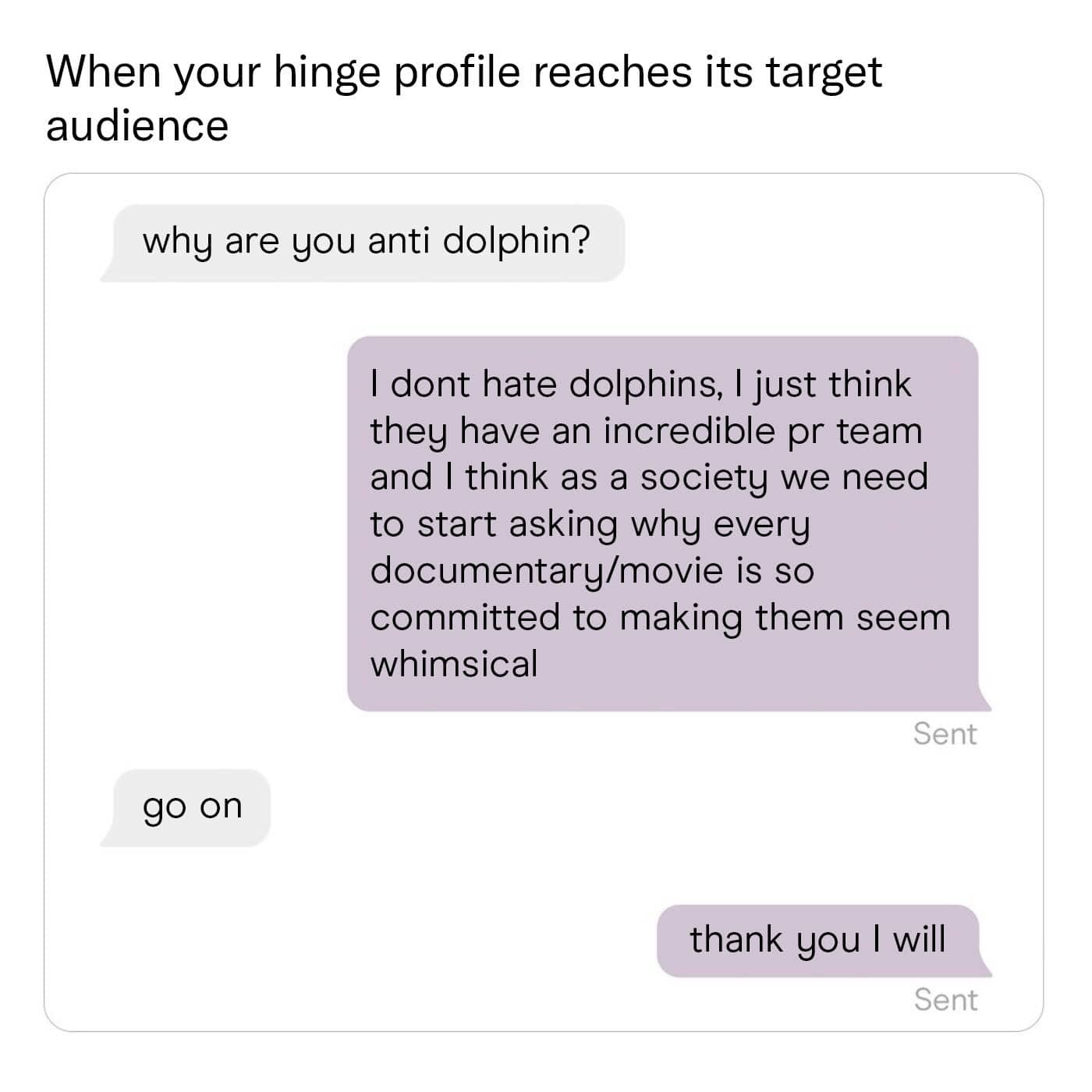 Hinge dating app chat screenshot about anti dolphin public relations conspiracy funny memes.