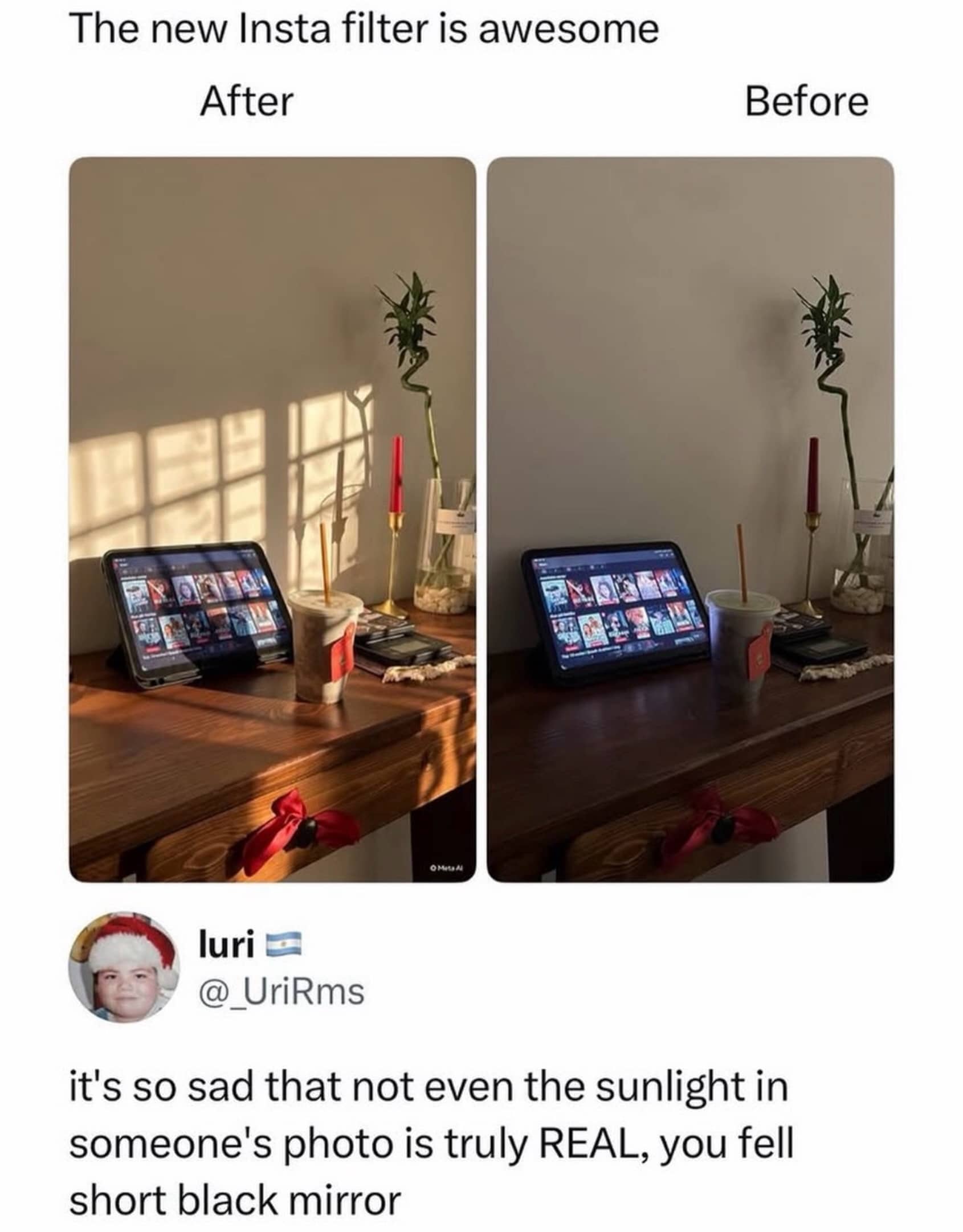 Funny fake lighting meme showing an Instagram filter that adds fake window sunlight.