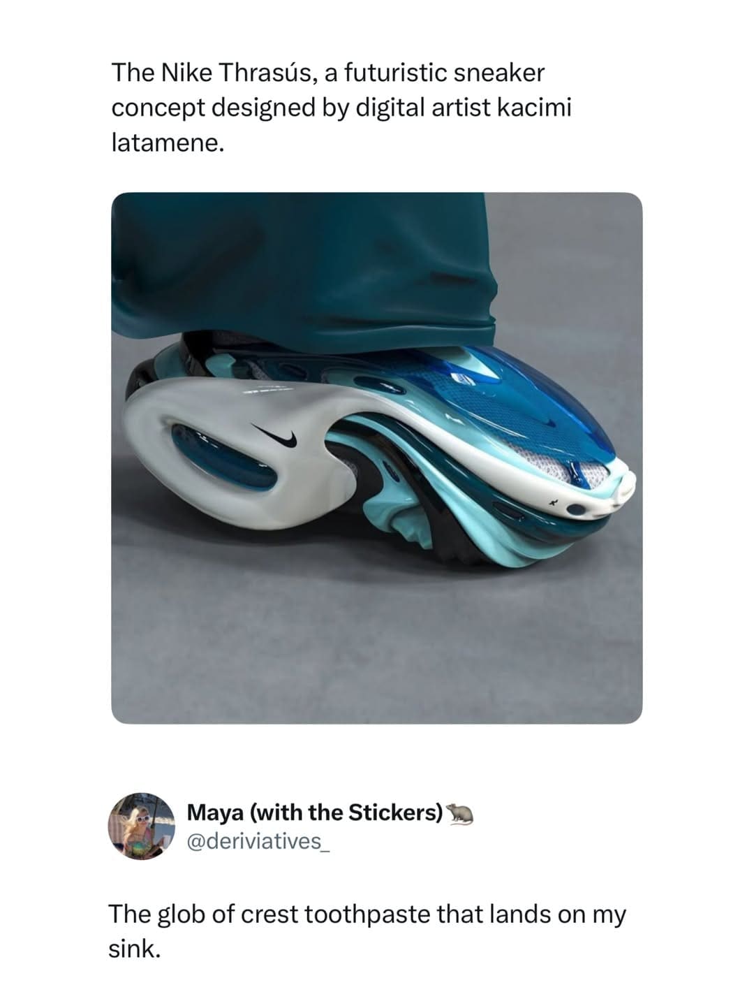 Funny memes Nike concept sneaker compared humorously to a spilled glob of blue Crest toothpaste.