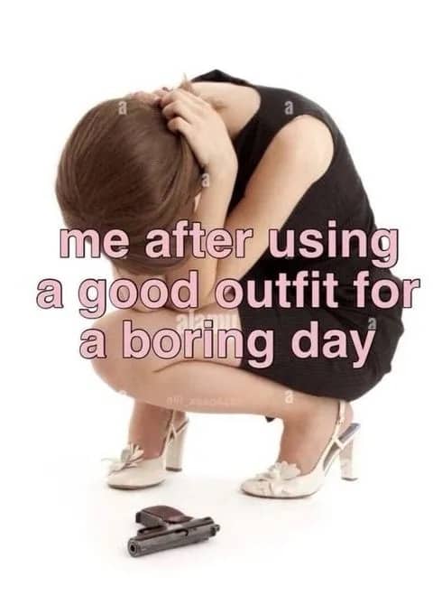 Woman in black dress squatting next to gun funny meme about wasting a good outfit.