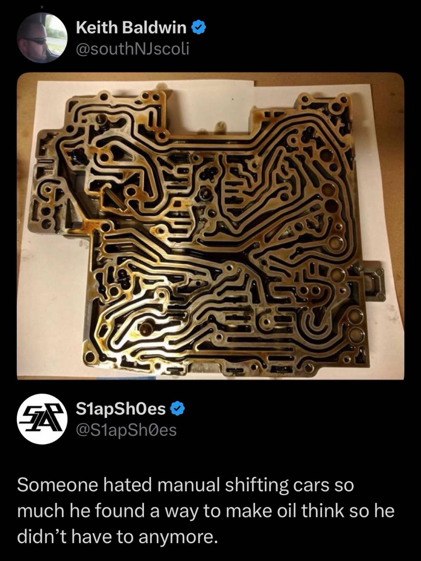 Automatic transmission valve body photo paired with a funny mechanical joke twitter post.
