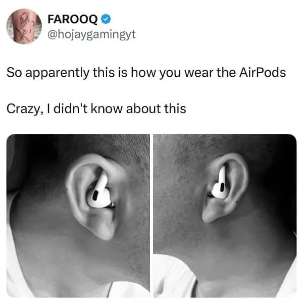 Close up photos showing upside down placement of Apple AirPods inside human ear canals.