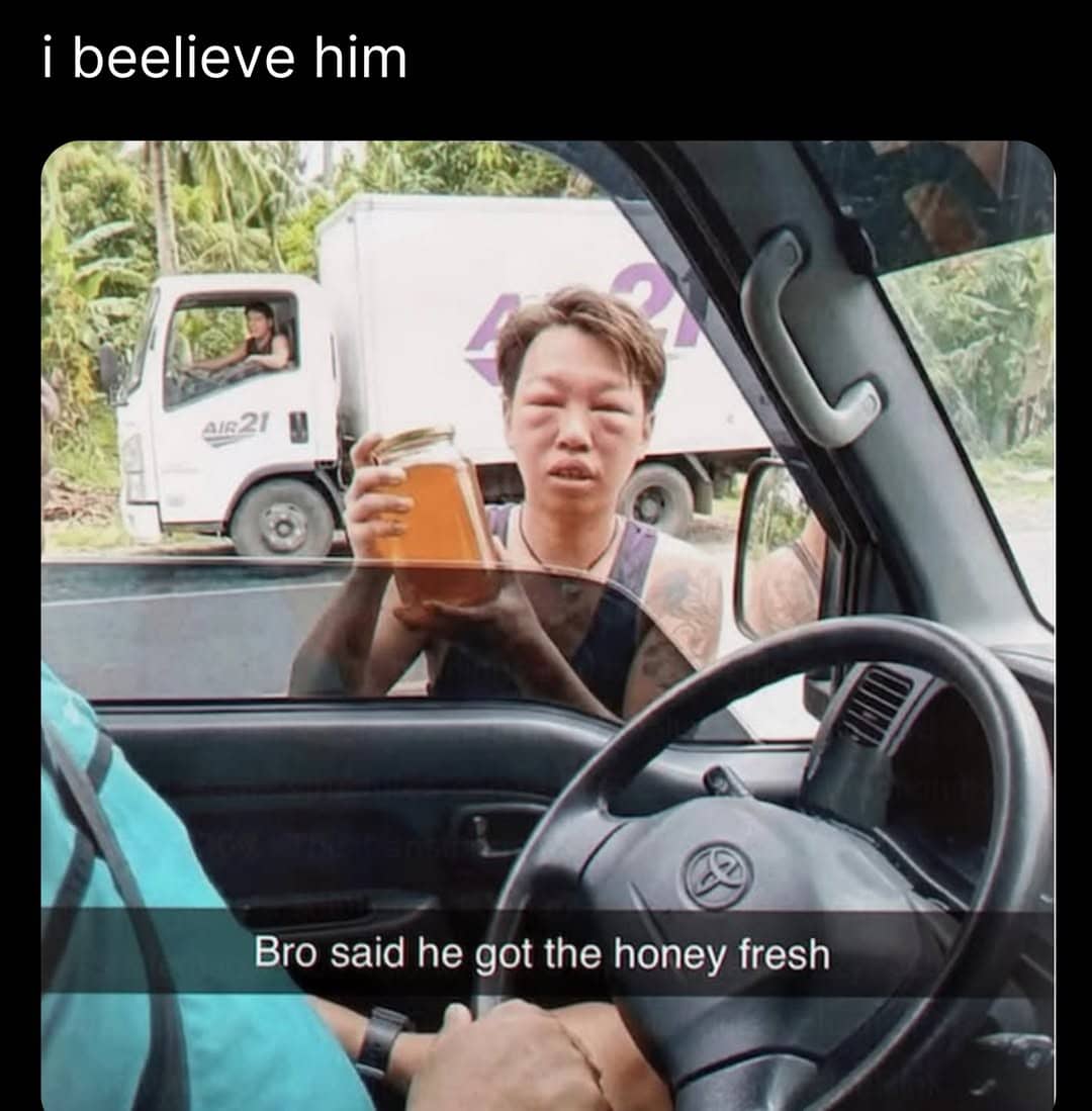 Man with bee sting swollen face holding fresh honey jar outside car funny memes.