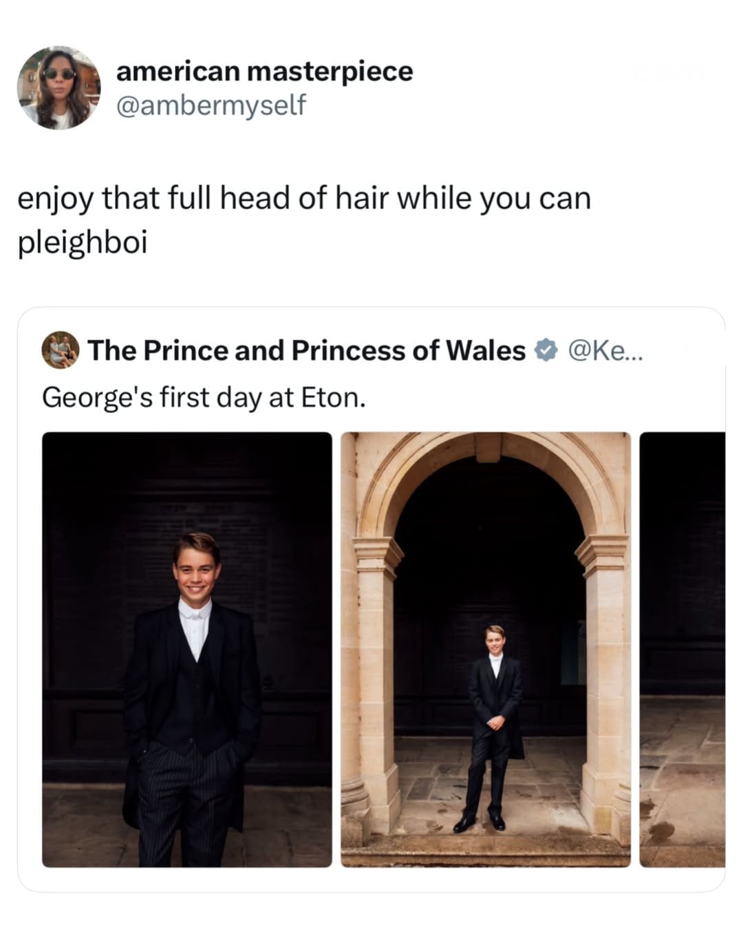 Funny memes social media commentary on Prince George attending Eton, referencing royal male pattern baldness.