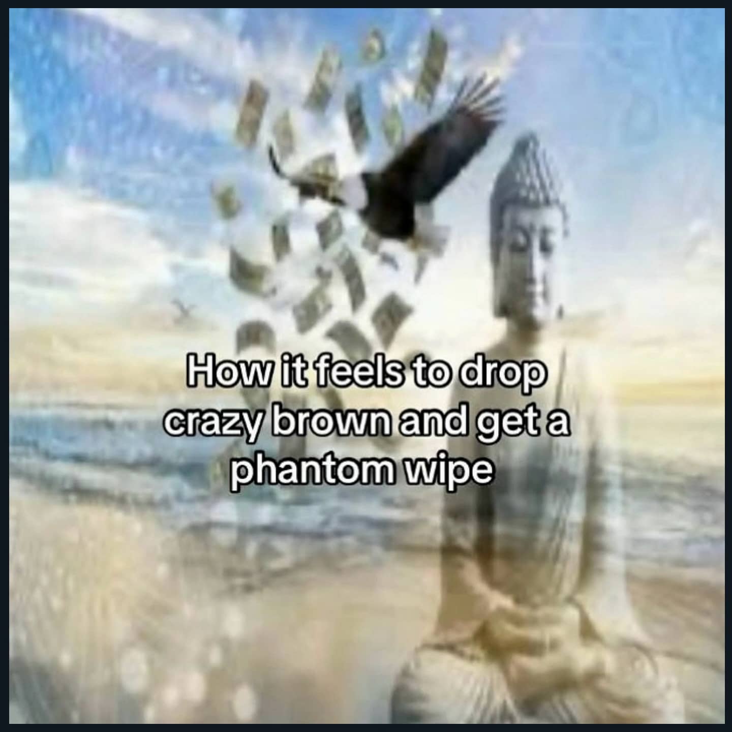 Buddha statue overlaid with falling money and eagle next to funny memes text overlay.