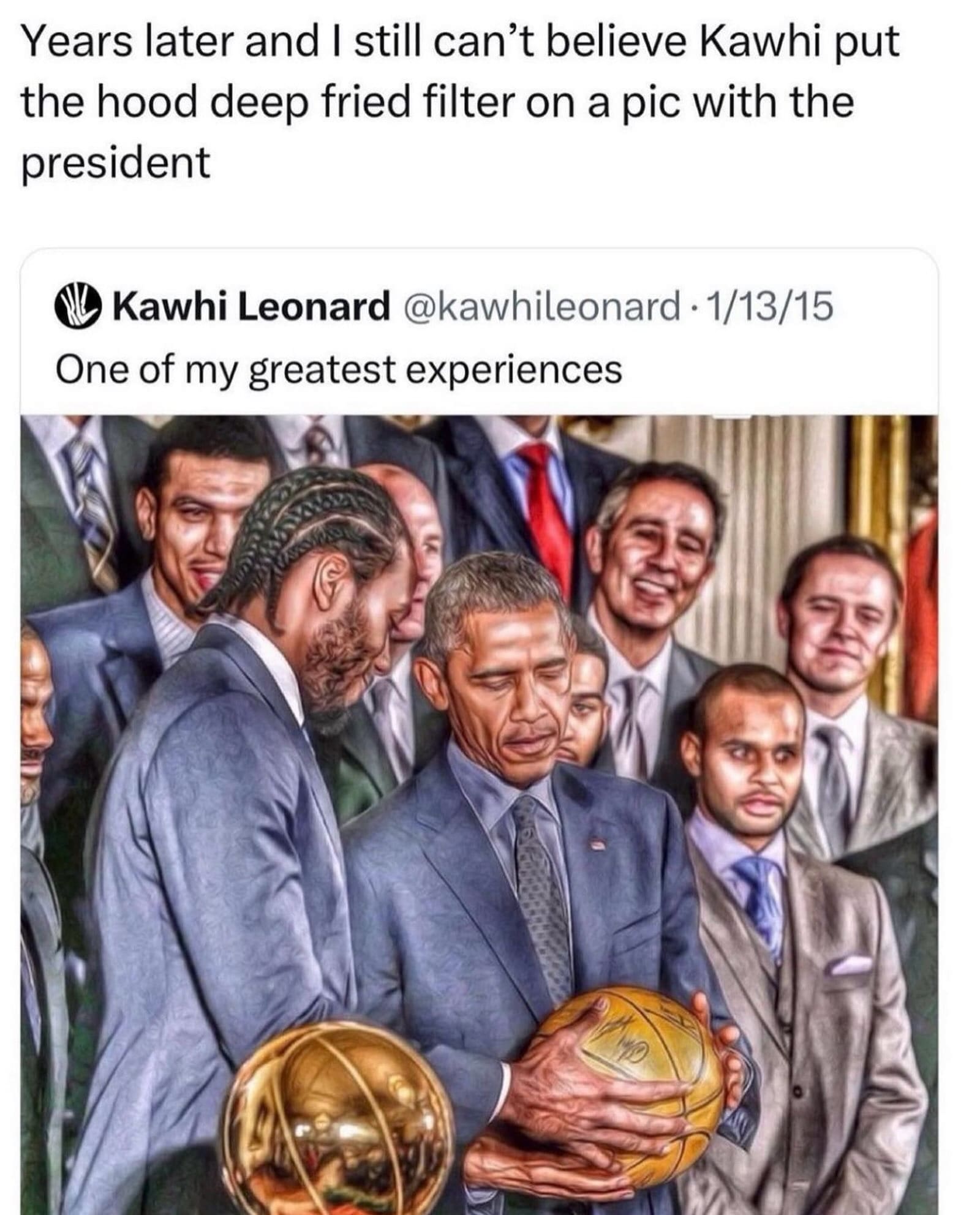 Funny memes heavily edited photo of Kawhi Leonard and Barack Obama holding a basketball trophy.