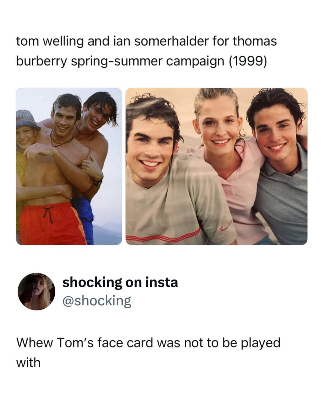 Vintage Burberry 1999 campaign ad featuring young actors Tom Welling and Ian Somerhalder.