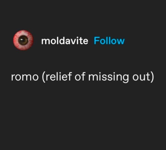 Simple text image defining ROMO as the relief of missing out funny meme.