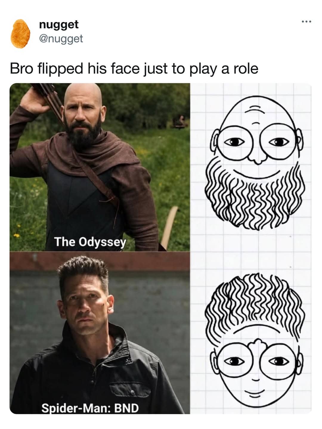 Jon Bernthal actor comparison meme showing upside down flipped face illustration funny memes.