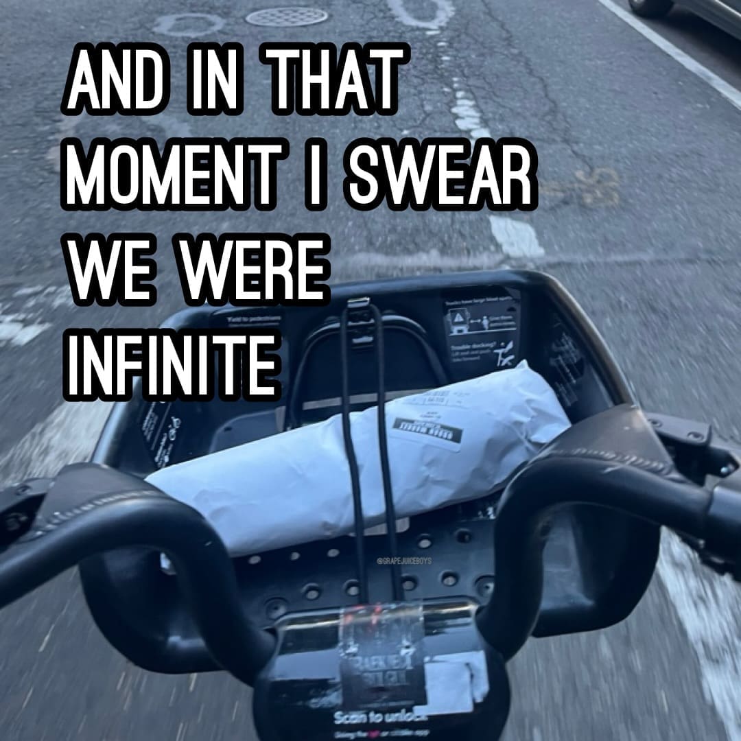 Funny memes bike basket carrying a package with text about feeling infinite driving down road.