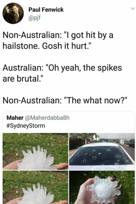 Social media post joke comparing standard hailstones to massive spiked ice balls from Sydney storms.