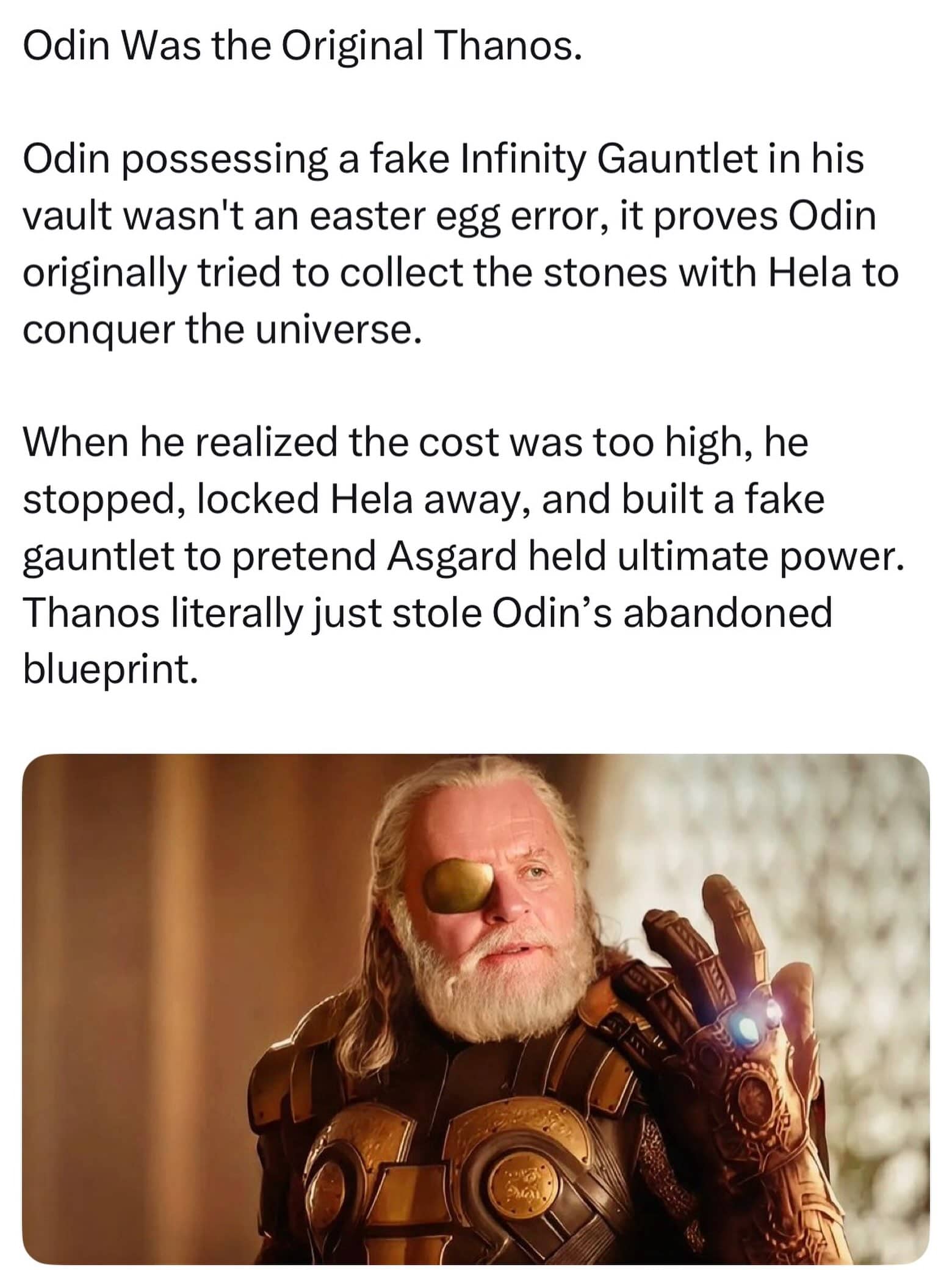 Marvel theory post with Odin wearing the Infinity Gauntlet as Thanos funny memes.