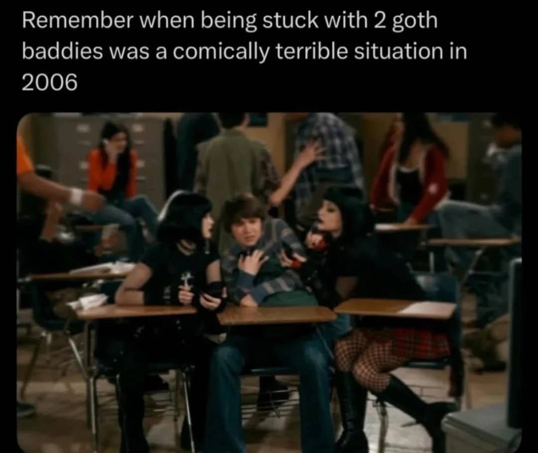 Nostalgic funny meme about 2000s television show characters sitting next to goth girls.
