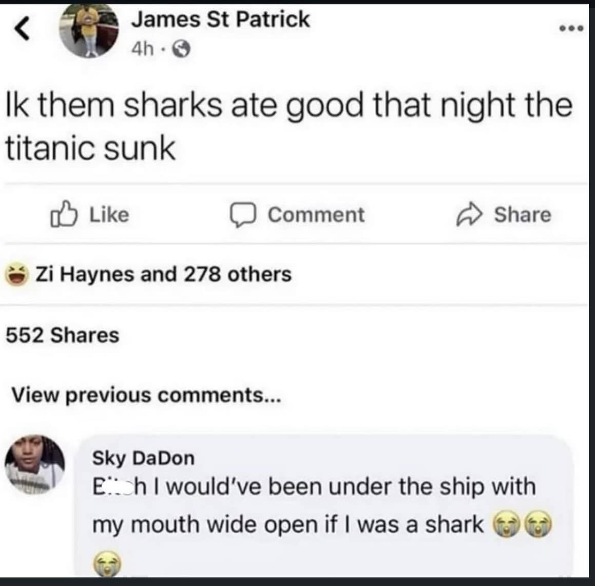 Funny dark humor Facebook post meme about sharks eating well during Titanic sinking.