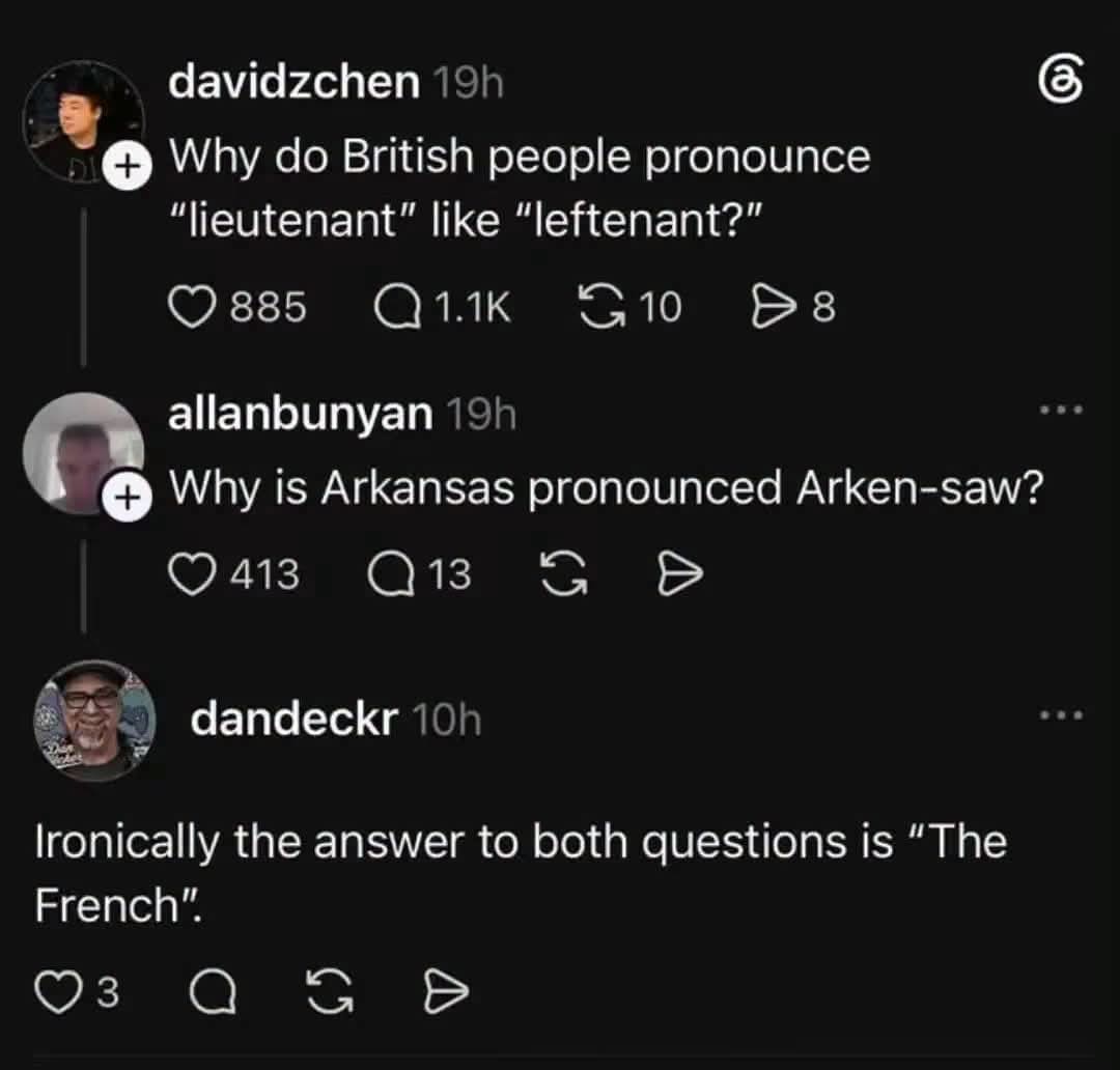 unny memes Thread conversation about British and American pronunciation differences blame historical French language influence.