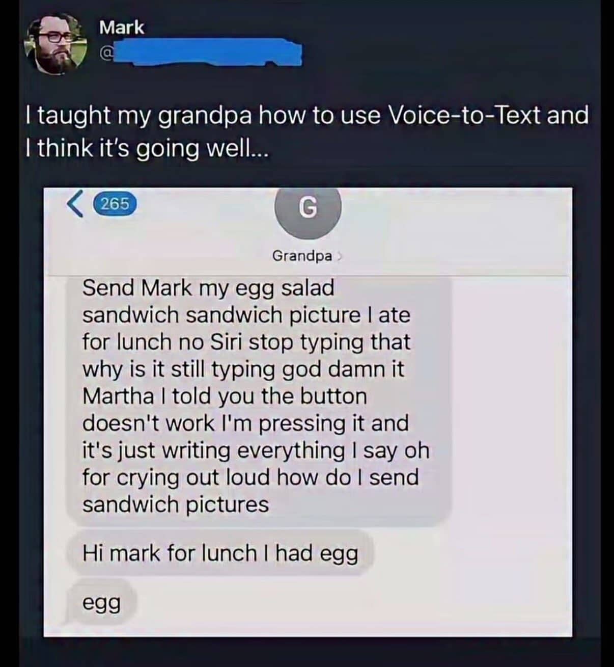Funny screenshot meme showing a grandpa struggling with voice to text while making lunch.