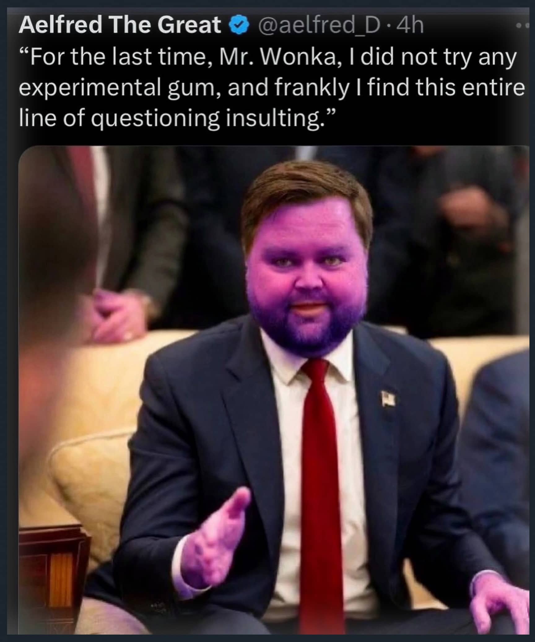 JD Vance edited with purple skin like Willy Wonka blueberry scene in viral meme.