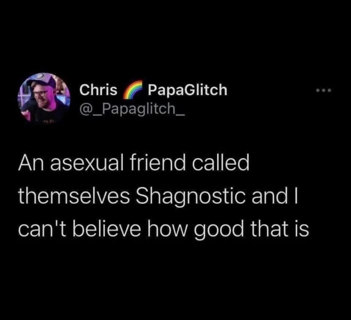 Funny memes tweet introducing the humorous term Shagnostic as a creative label for asexual identity.