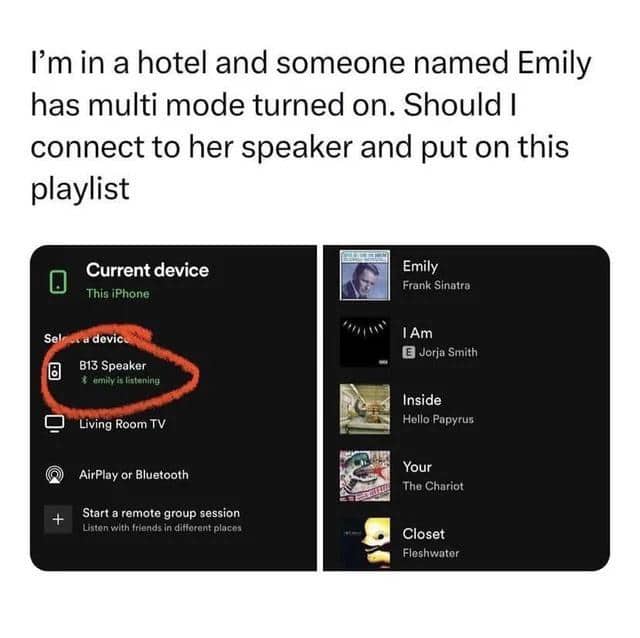 Screenshot of Spotify device connection screen next to playlist with hidden message song titles.