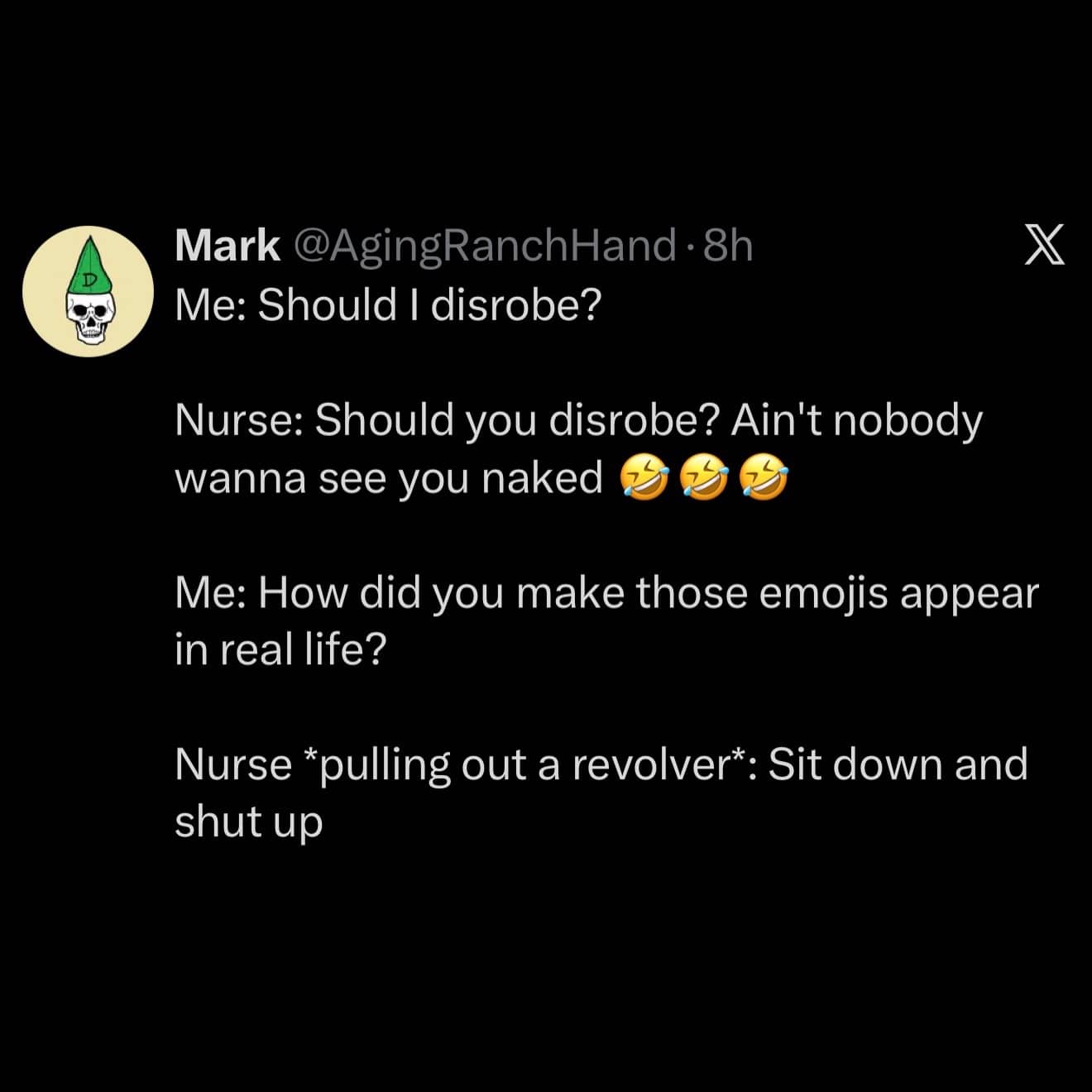 Funny memes tweet about a nurse pulling a revolver during a doctor visit conversation.