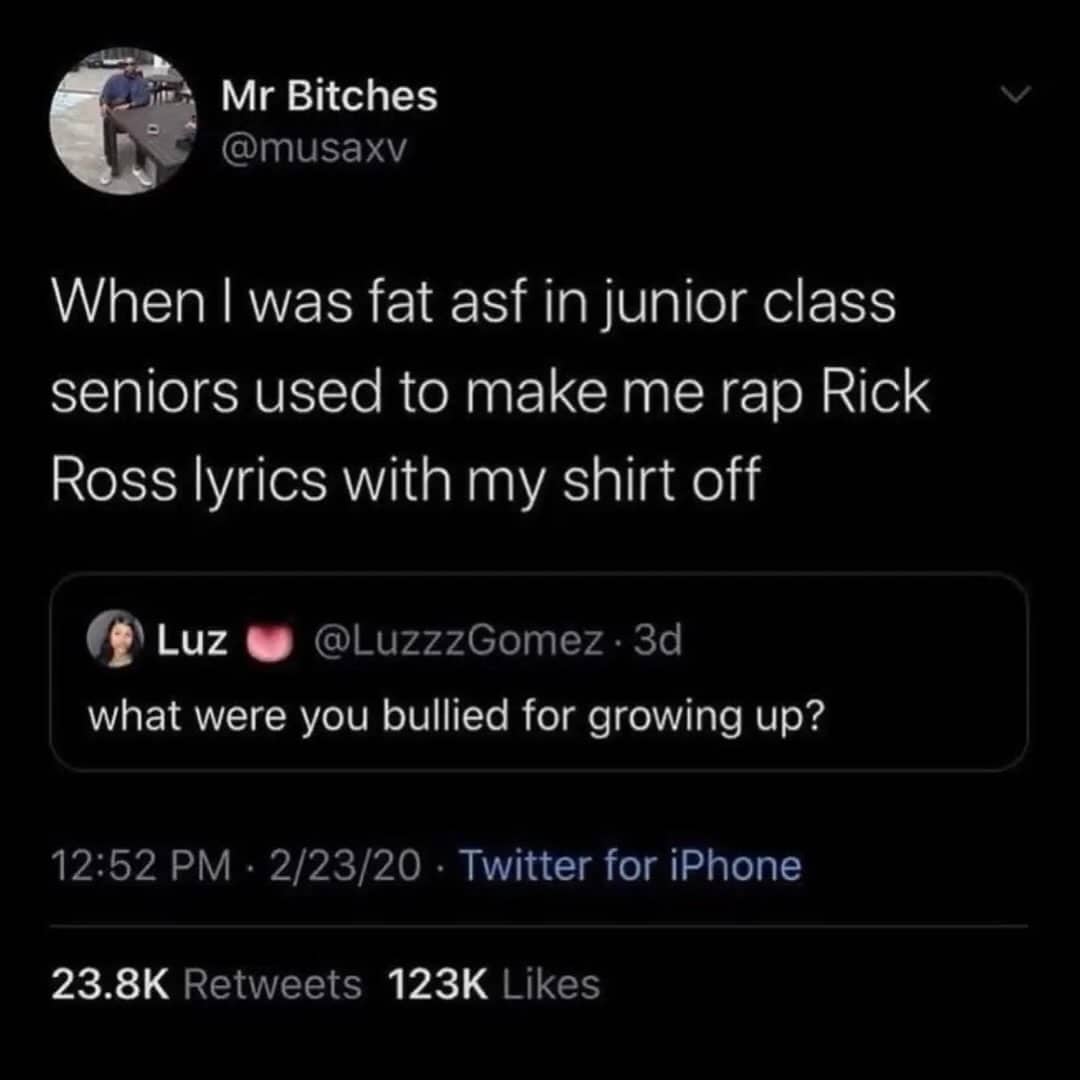 Hilarious social media post sharing a ridiculous childhood bullying story involving Rick Ross lyrics.