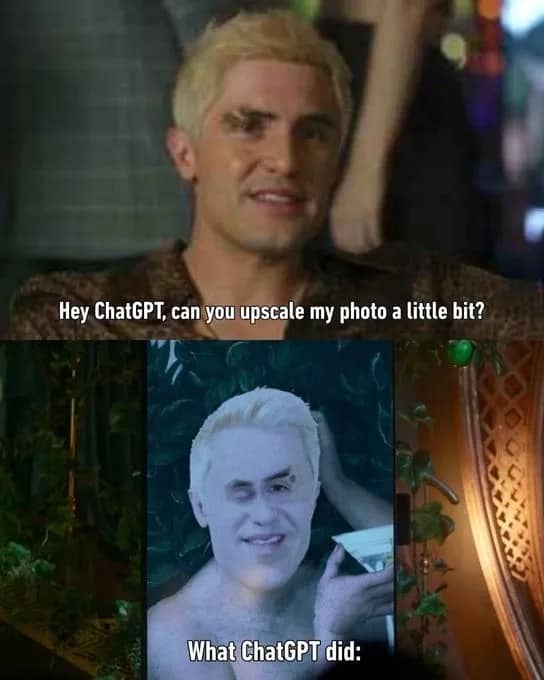 Side-by-side comparison meme illustrating funny AI image upscaling fail with ChatGPT.