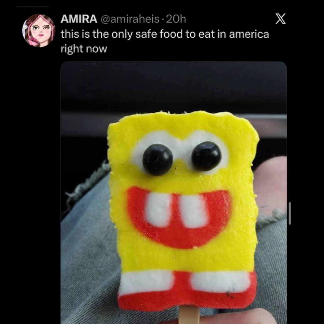 Spongebob popsicle photo with tweet about safe American food humor funny memes.