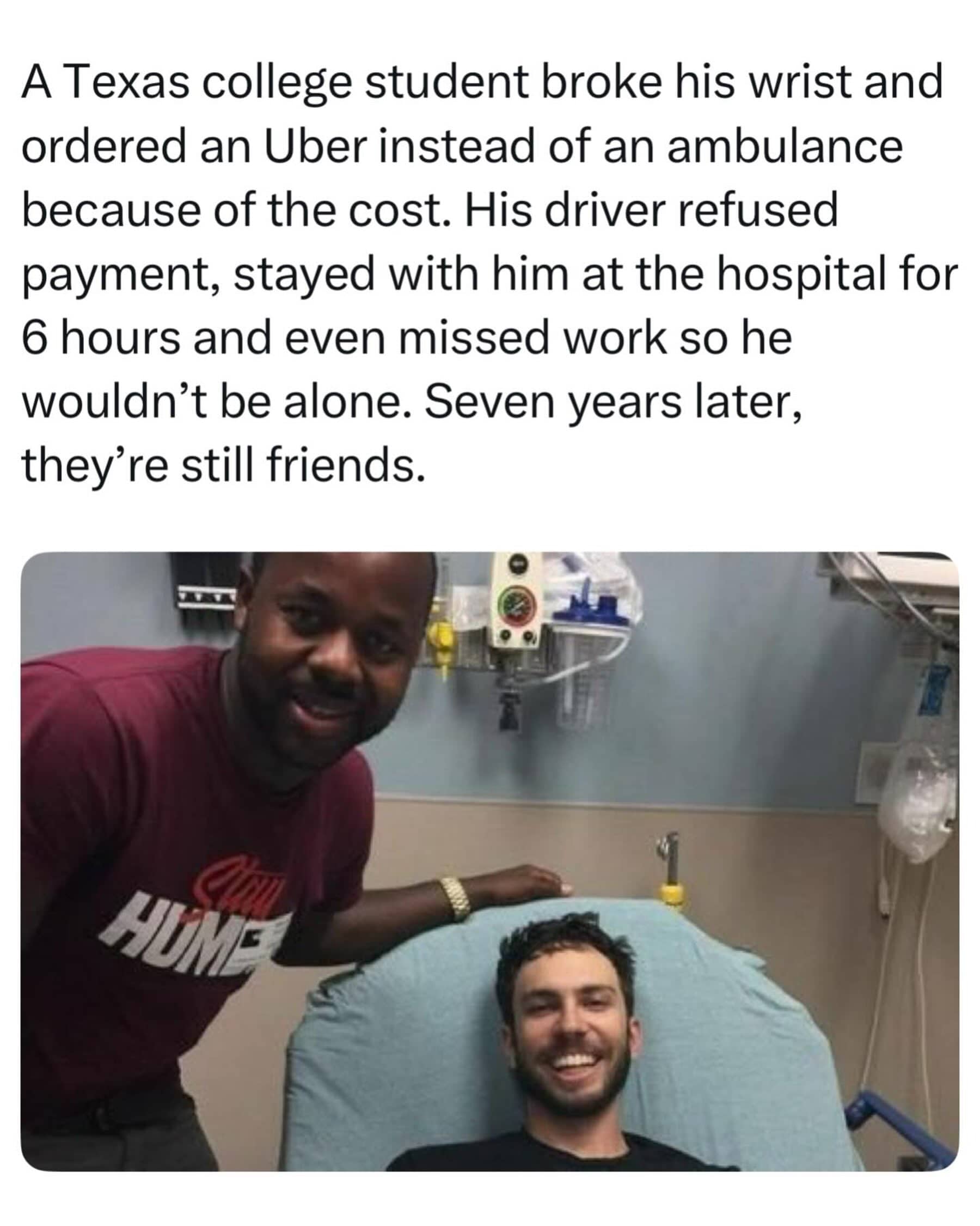 Wholesome viral story photo showing a college student and friendly Uber driver in hospital.
